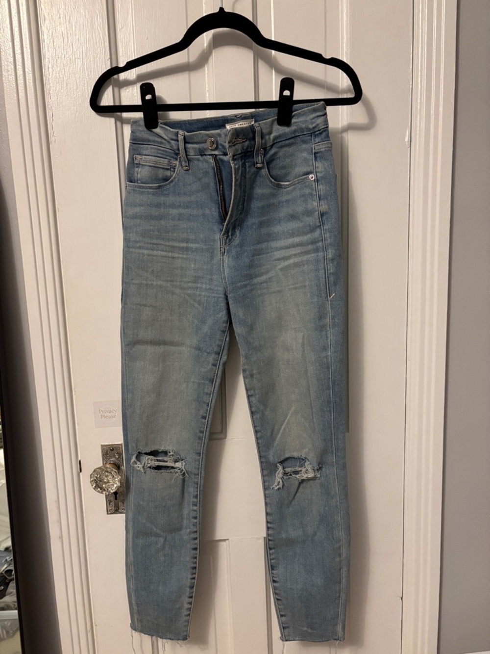 Good American Light Blue Skinny Jeans with Knee Rips